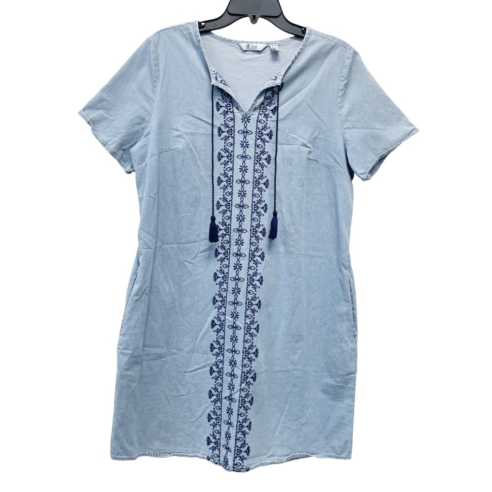 Denim‎ & Co. Women's Light Blue Embroidered Tassel Shift Dress Size Medium